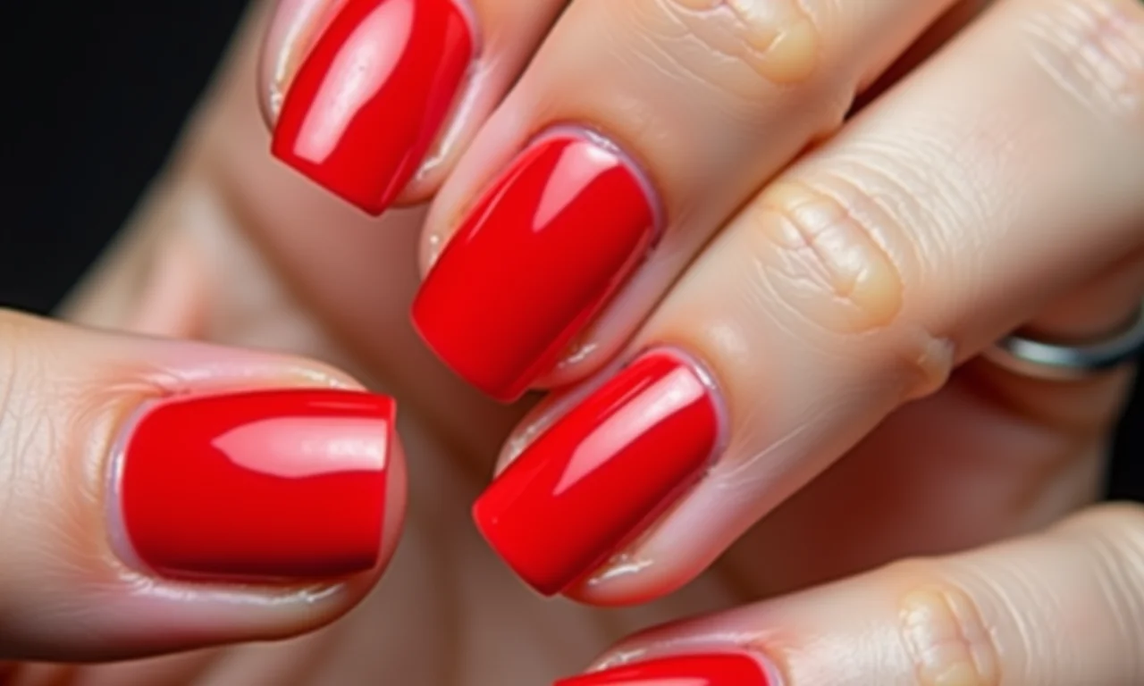 Unhas vermelhas bem cuidadas e com esmalte impecável.