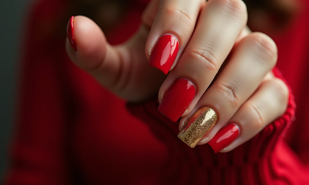 Unhas vermelhas clássicas com detalhes dourados para o Natal.