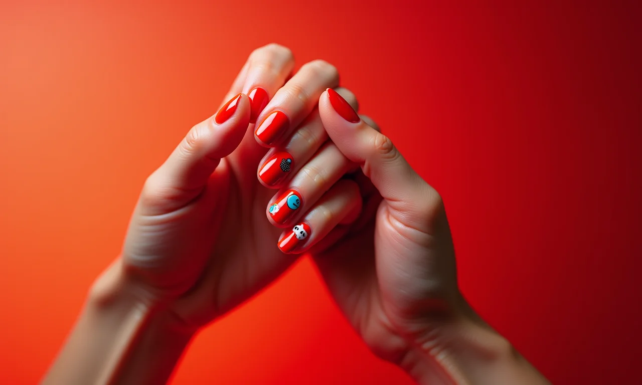 Unhas vermelhas com adesivos temáticos.