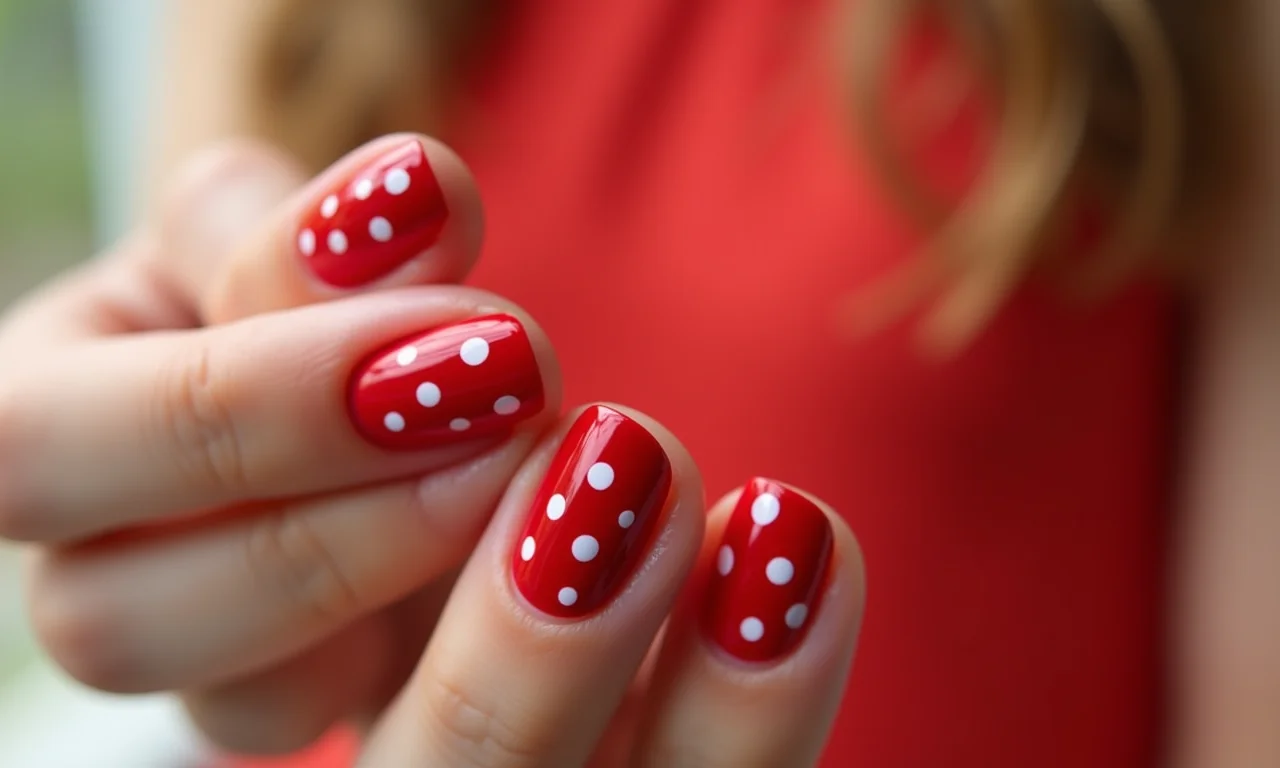 Unhas vermelhas com bolinhas brancas, design divertido e charmoso.