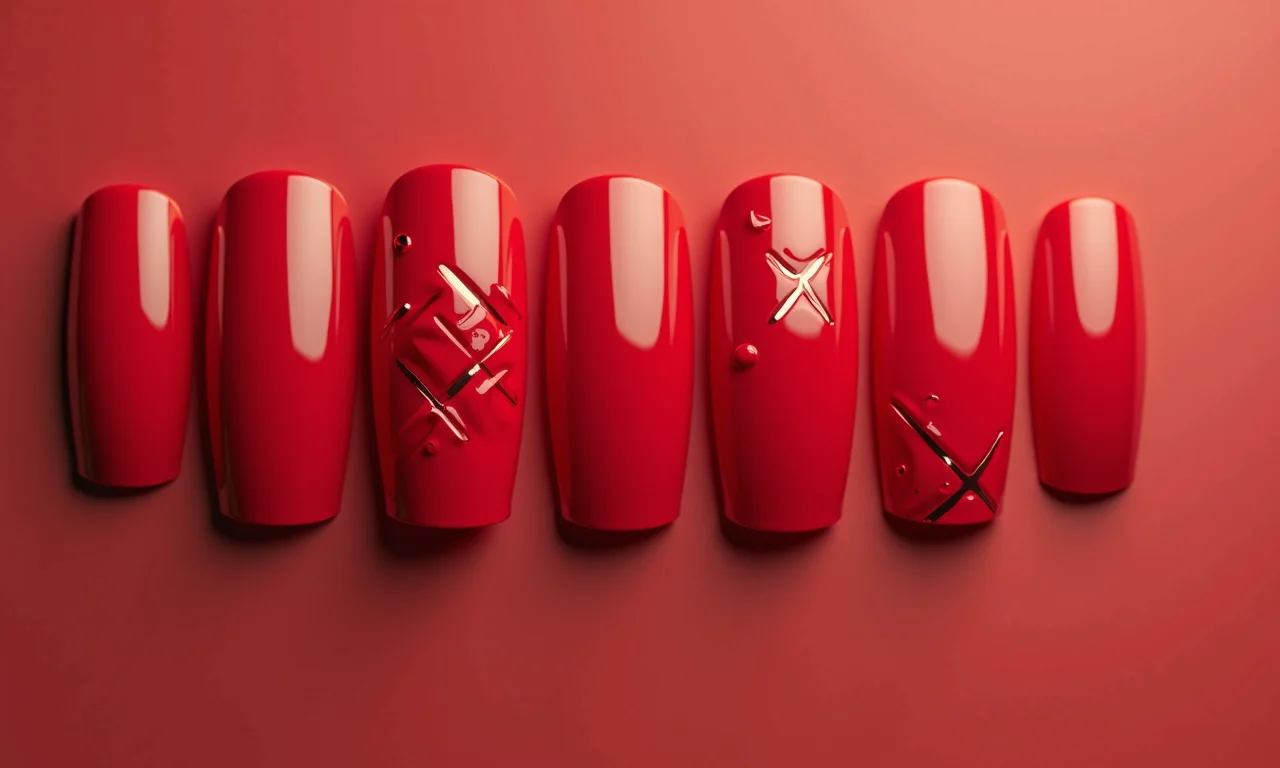 Unhas vermelhas com desenhos geométricos minimalistas.