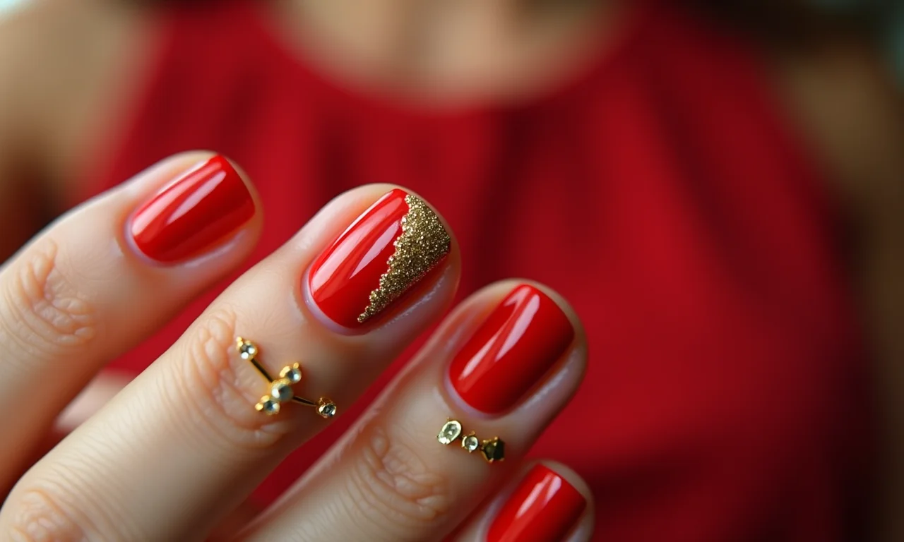 Unhas vermelhas com filha única dourada.