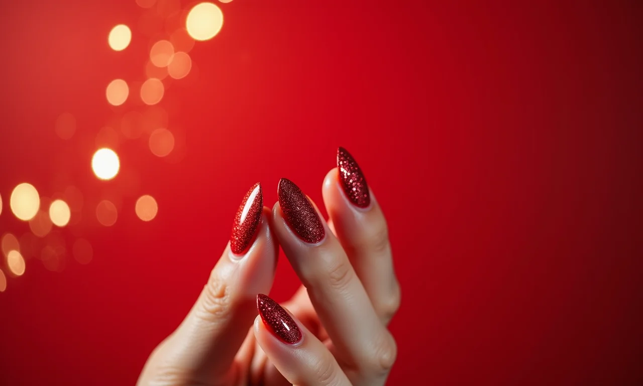 Unhas vermelhas com glitter, brilho e glamour para festas.