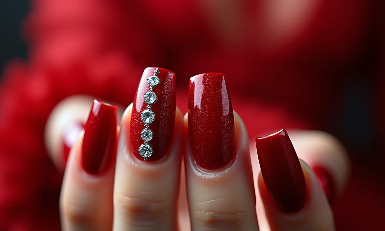 Unhas vermelhas com pedrarias, glamour e sofisticação.