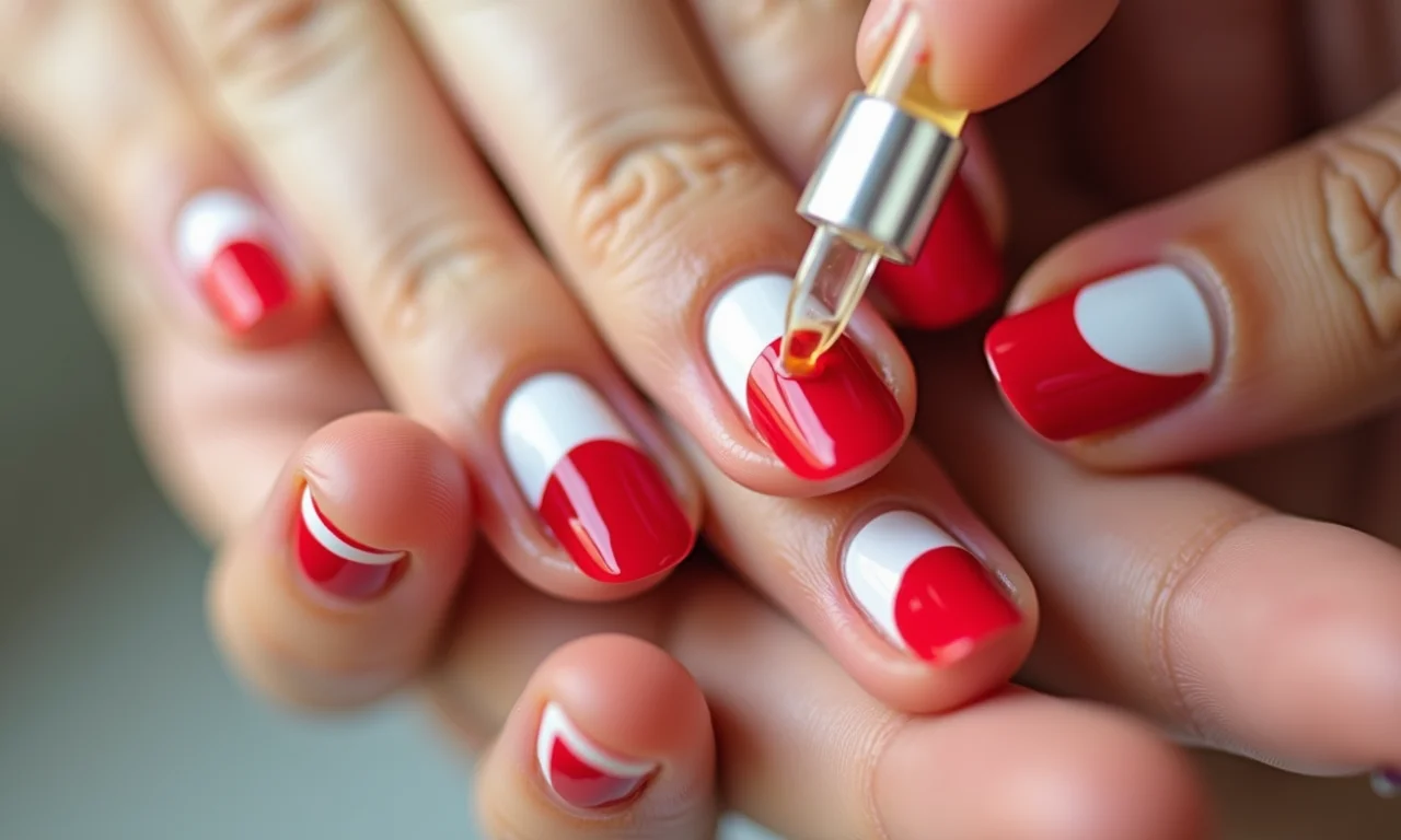 Unhas vermelhas e brancas perfeitas com óleo de cutícula aplicado.