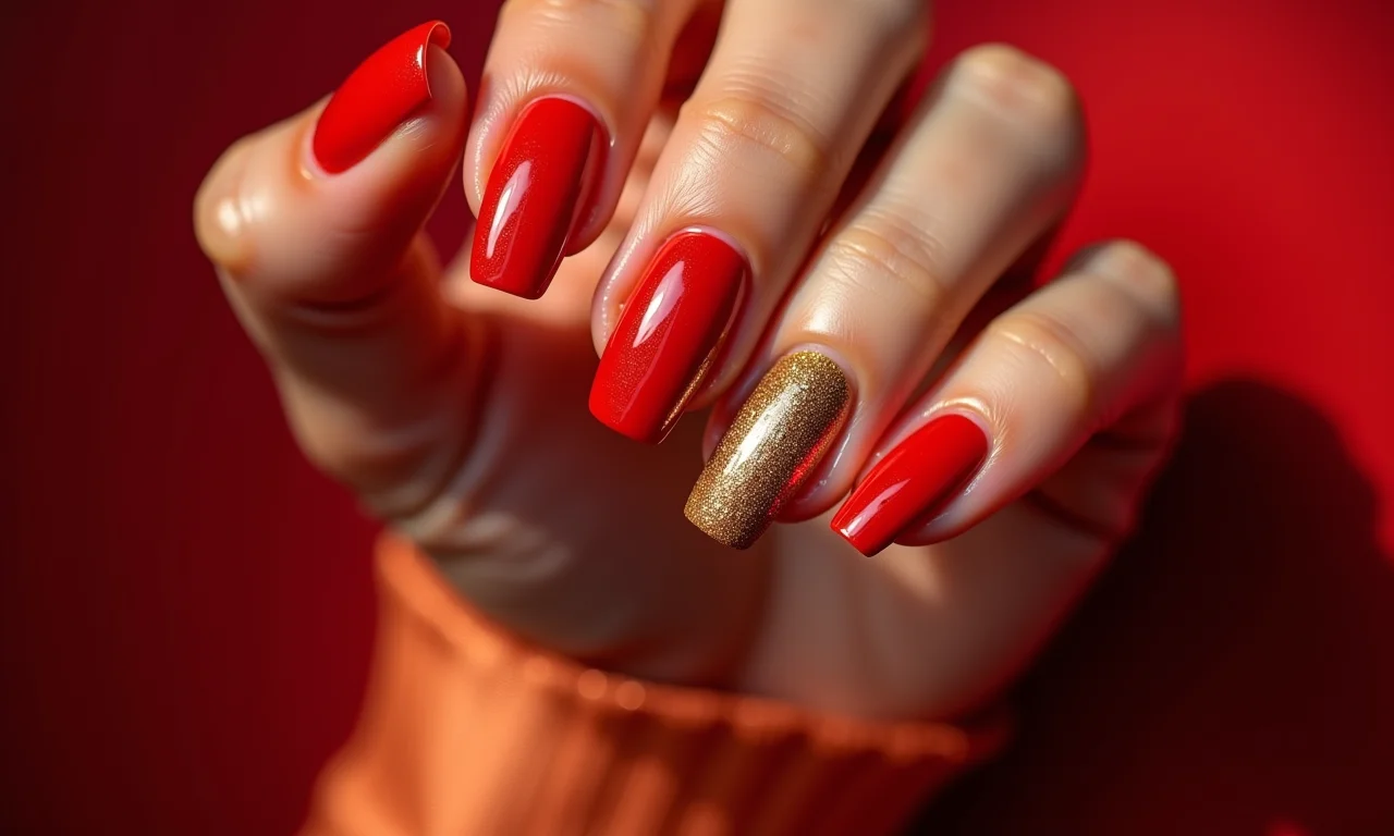 Unhas vermelhas e douradas, combinação luxuosa.