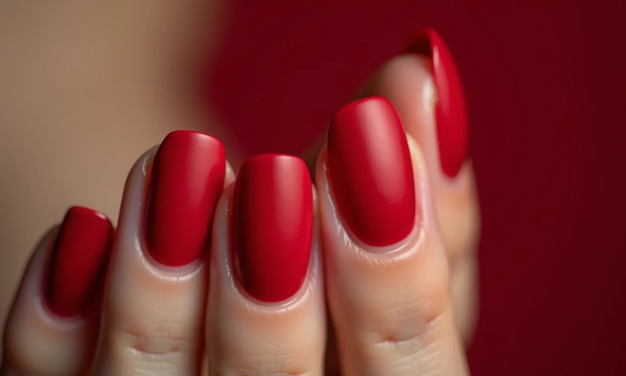 Unhas vermelhas foscas, elegância discreta e moderna.