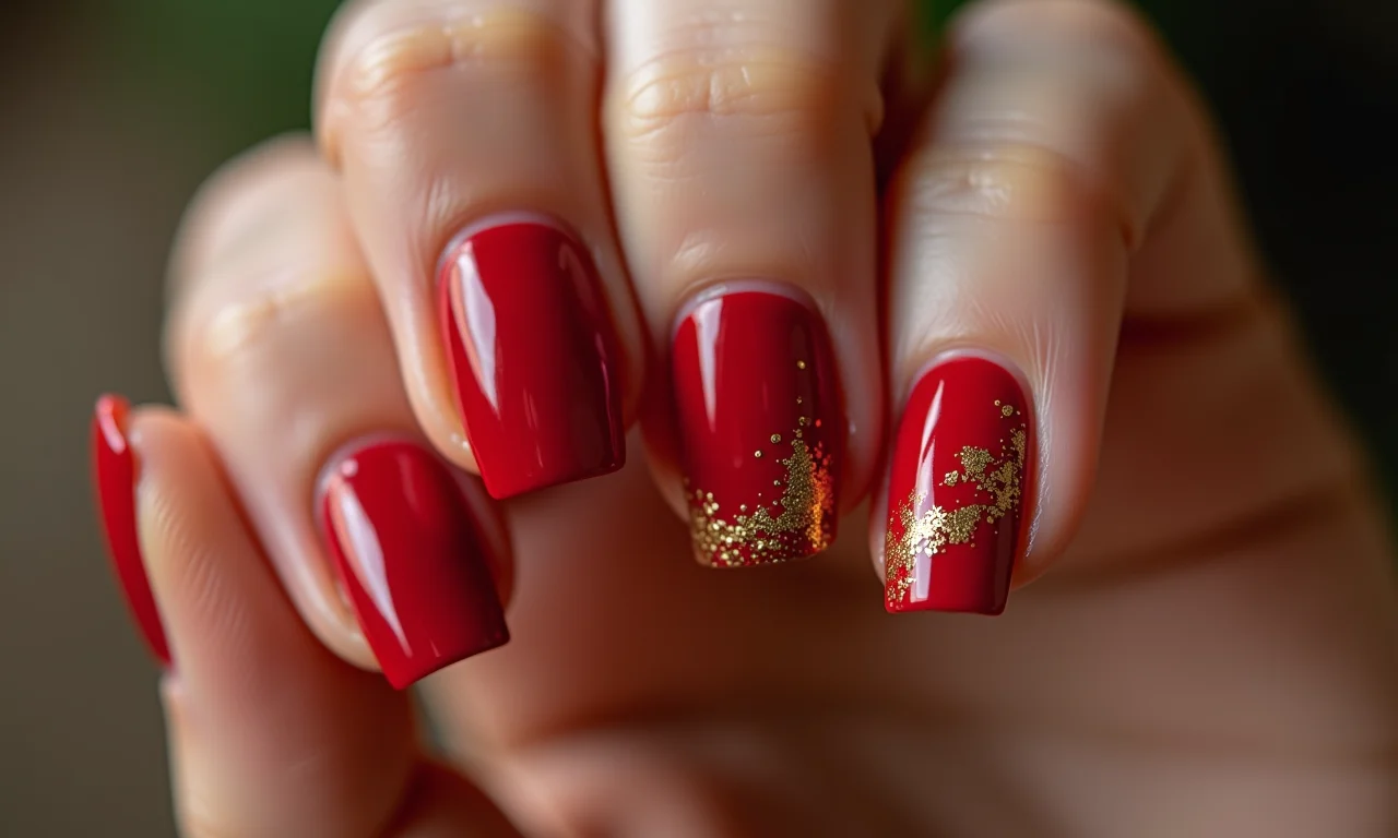 Unhas vermelhas natalinas com detalhes dourados e glitter.