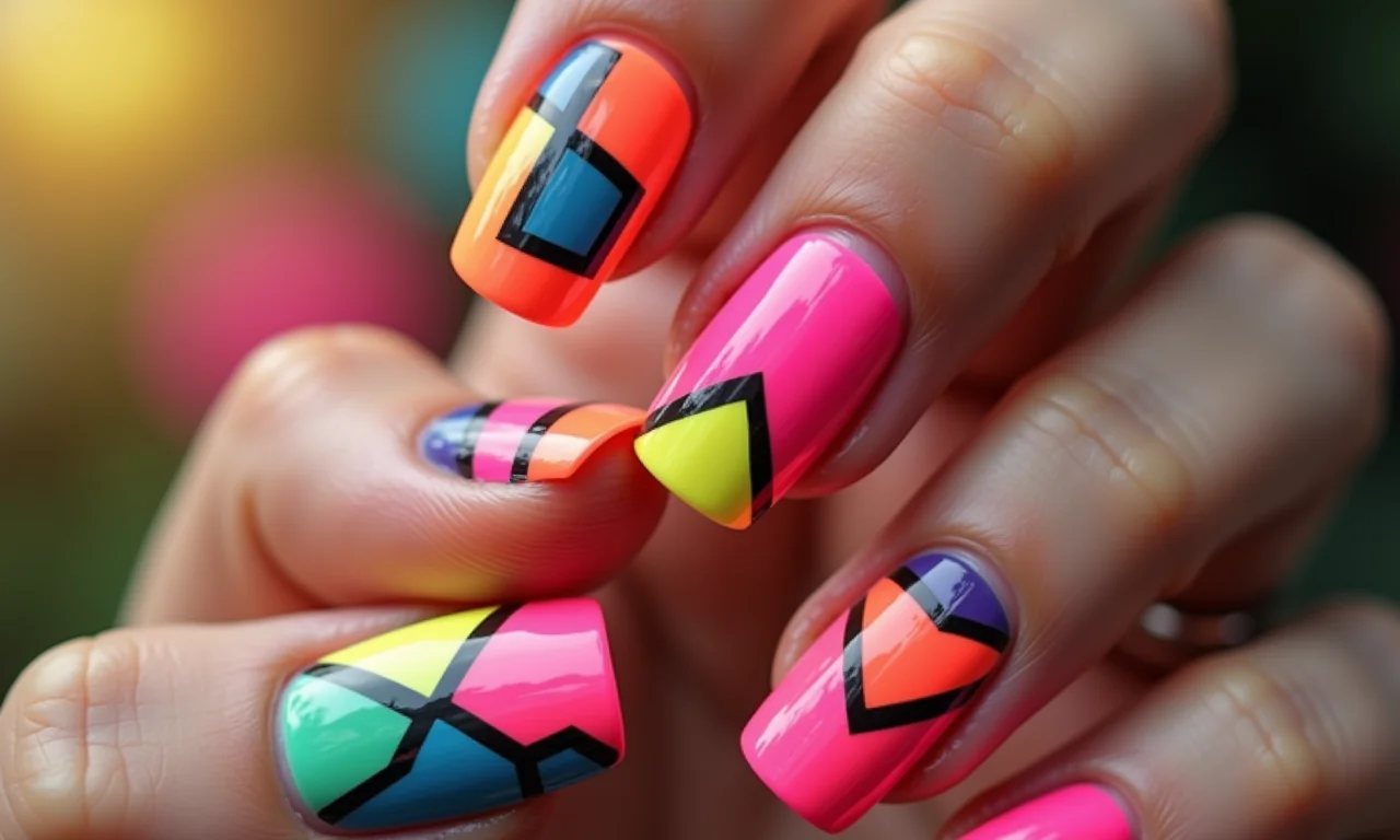 Unhas vibrantes em neon com formas geométricas.