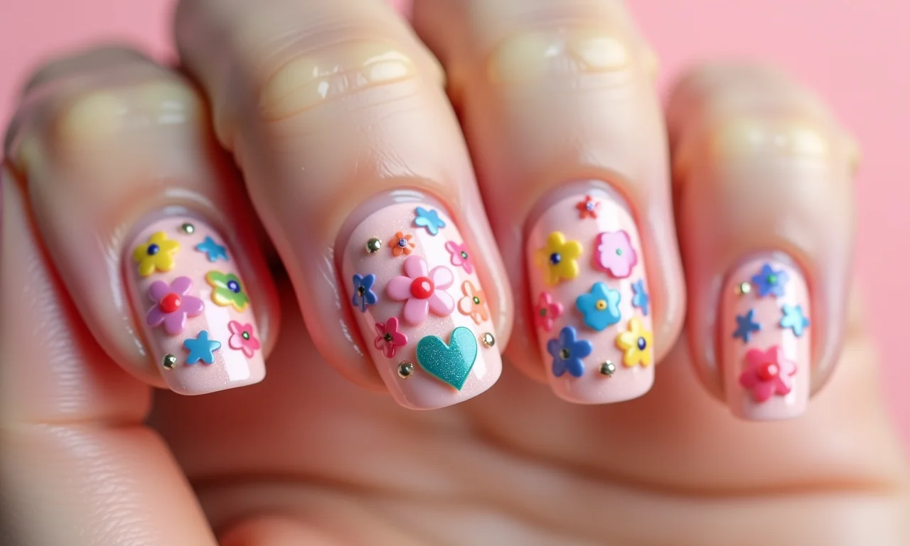 Unhas virtuais decoradas com adesivos e apliques: flores, gemas, formas geométricas.