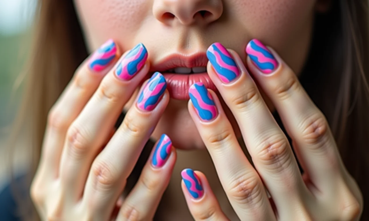 Unhas zebra coloridas em tons de rosa e azul.