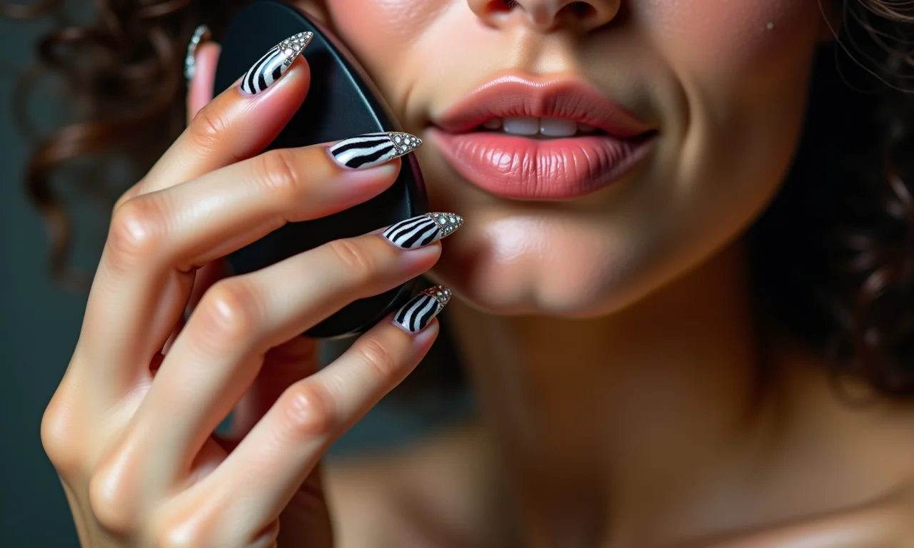 Unhas zebra com pedrarias para um toque de glamour.