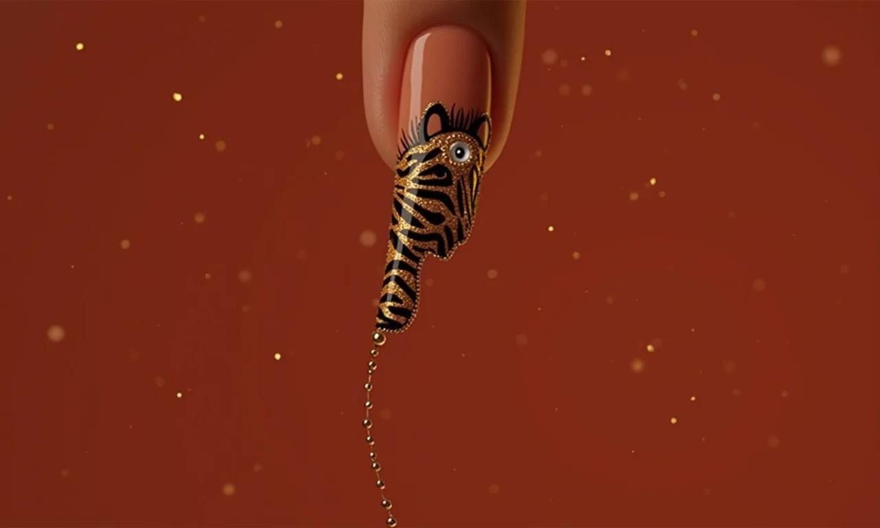 Unhas zebra e dourado: combinação glamourosa.