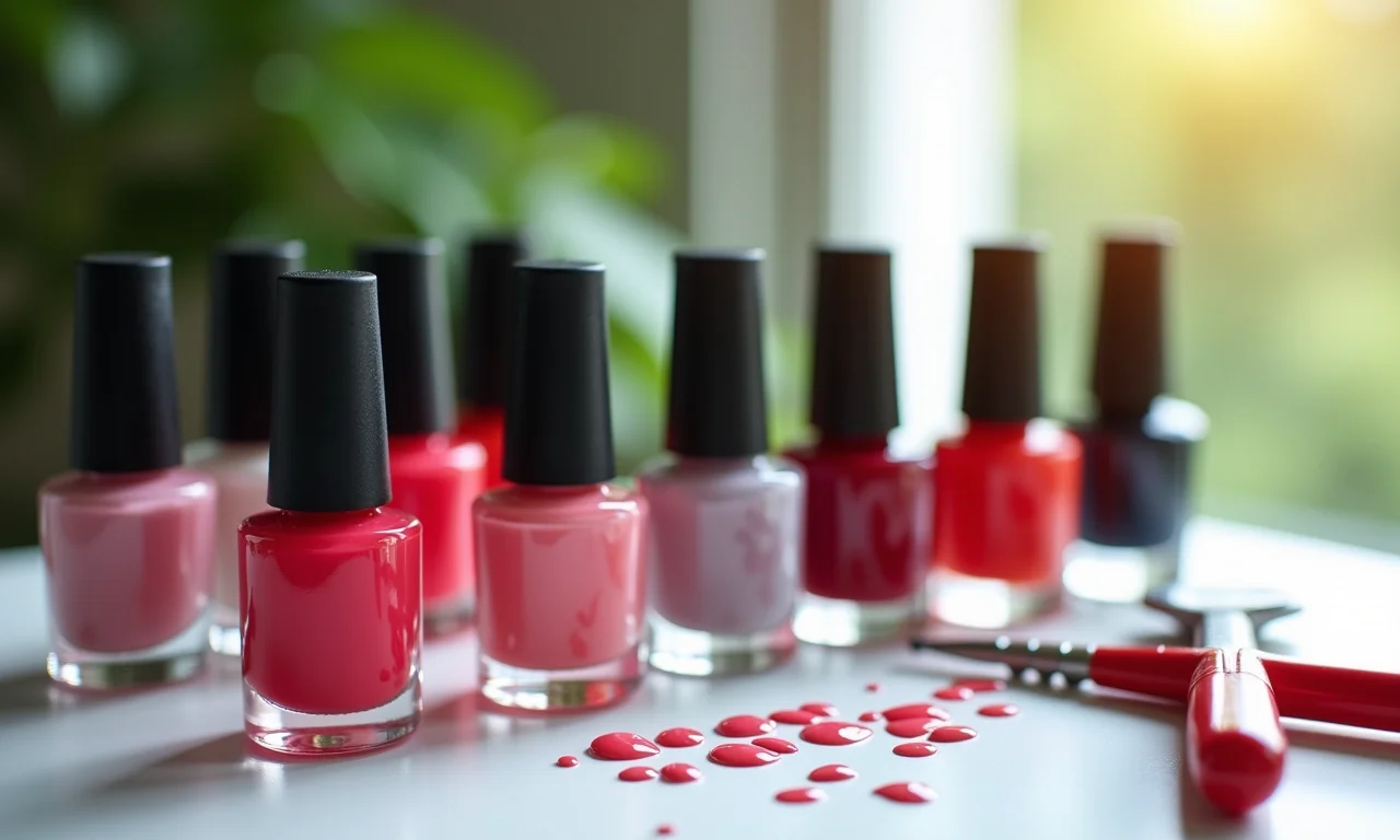 Utensílios e esmaltes para manicure organizados em uma mesa.