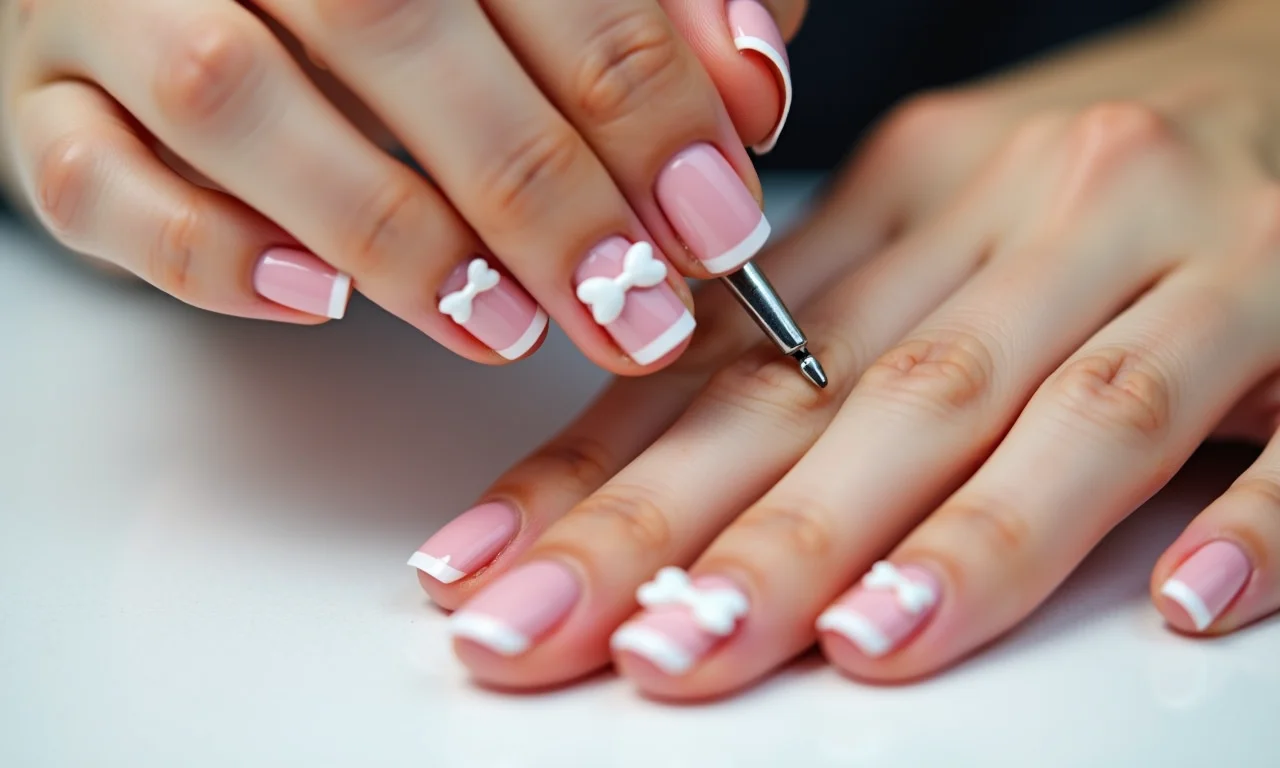 Utilização de películas de unhas com estampas de lacinhos para um resultado profissional.