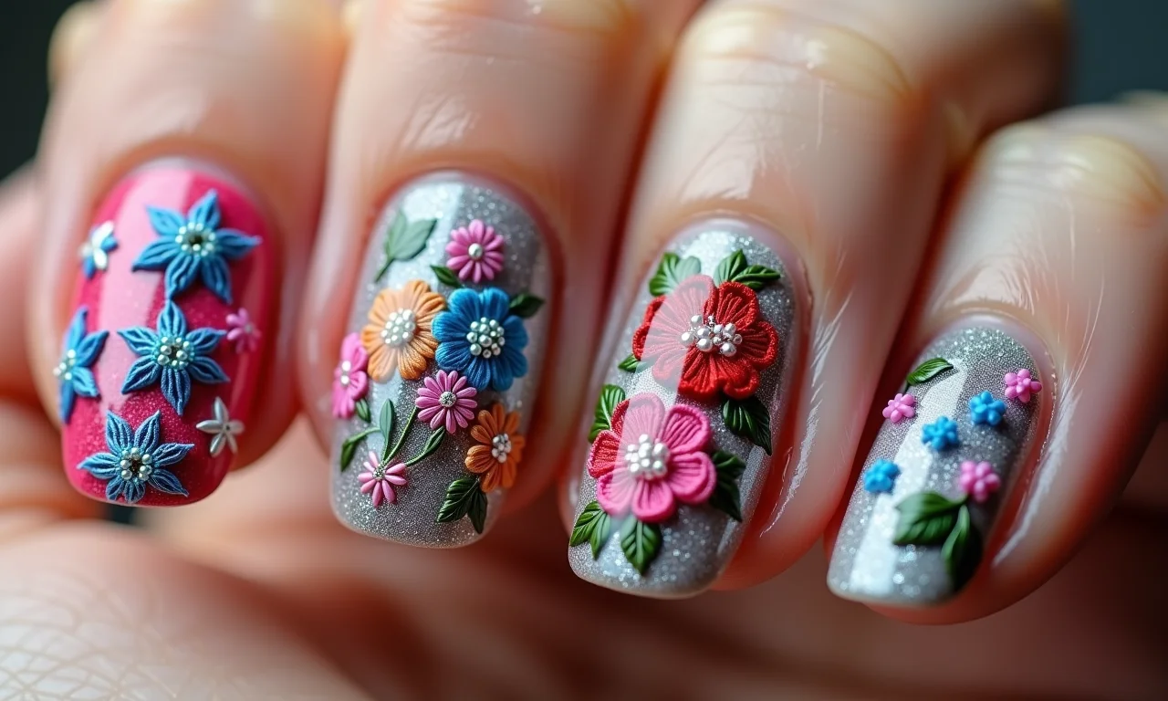 Várias inspirações de unhas decoradas com tema de bordado.