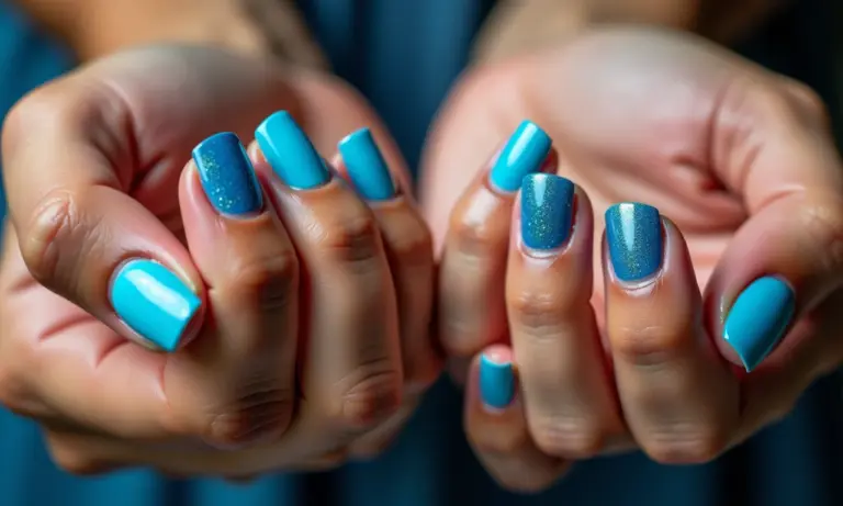 Várias mãos com unhas decoradas em diferentes tons e estilos de azul.