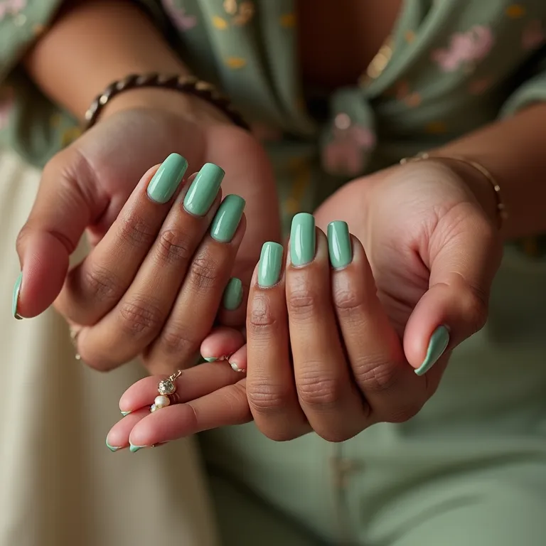 Várias mãos com unhas decoradas em tons de verde.