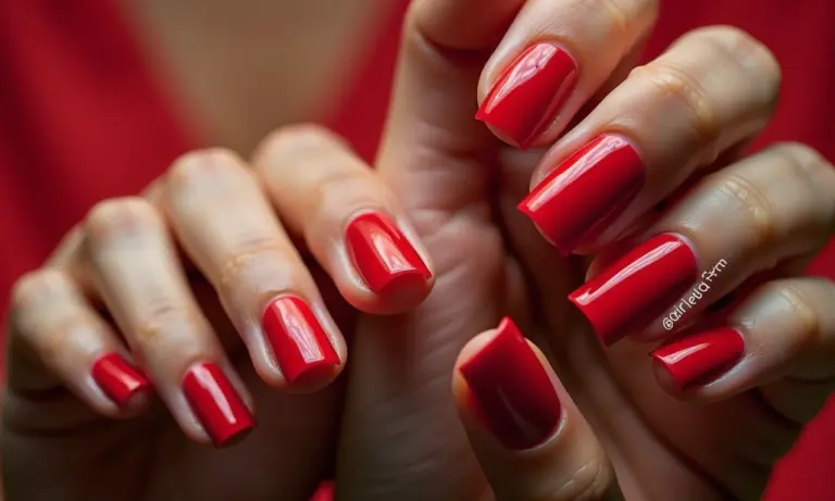Várias mãos com unhas decoradas vermelhas, diferentes tons e designs.
