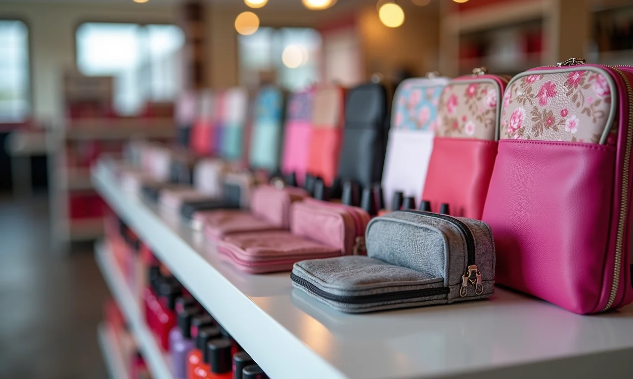 Variedade de bolsas porta esmaltes em loja.