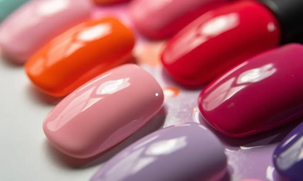 Cor de Esmalte da Moda: As Cores do Momento em Destaque Variedade de cores de esmalte vibrantes e brilhantes.