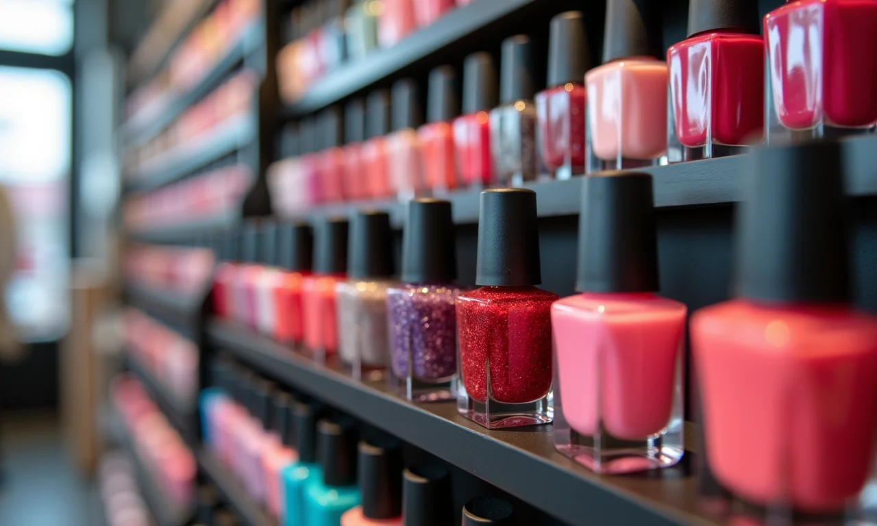 Variedade de cores e acabamentos de esmaltes.