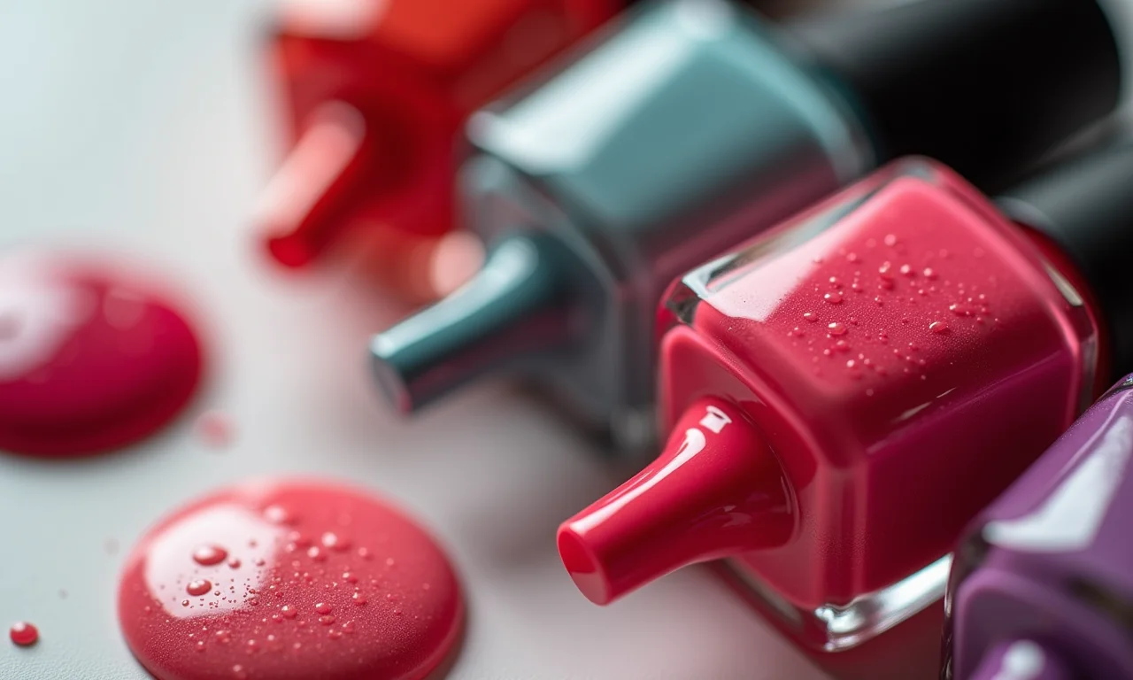 Variedade de cores e texturas de esmaltes em close-up.