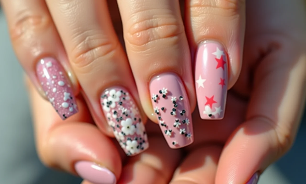 Variedade de designs de unhas de gel em mãos diversas.