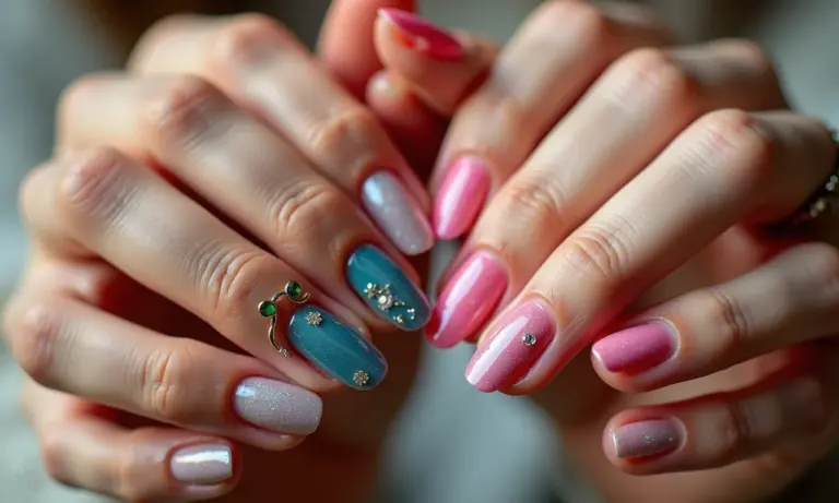 Variedade de designs de unhas decoradas em mãos de diferentes tons de pele, mostrando a beleza da arte nas unhas.