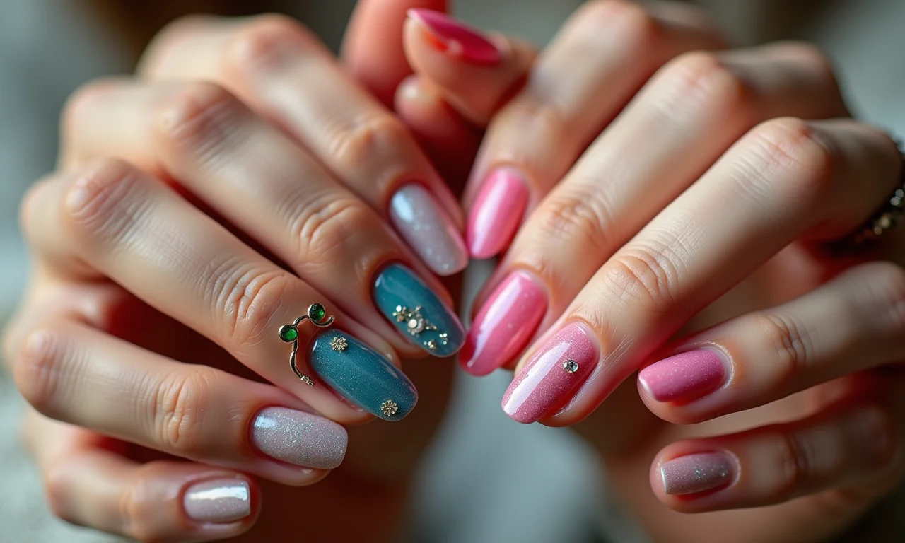 Variedade de designs de unhas decoradas em mãos de diferentes tons de pele, mostrando a beleza da arte nas unhas.