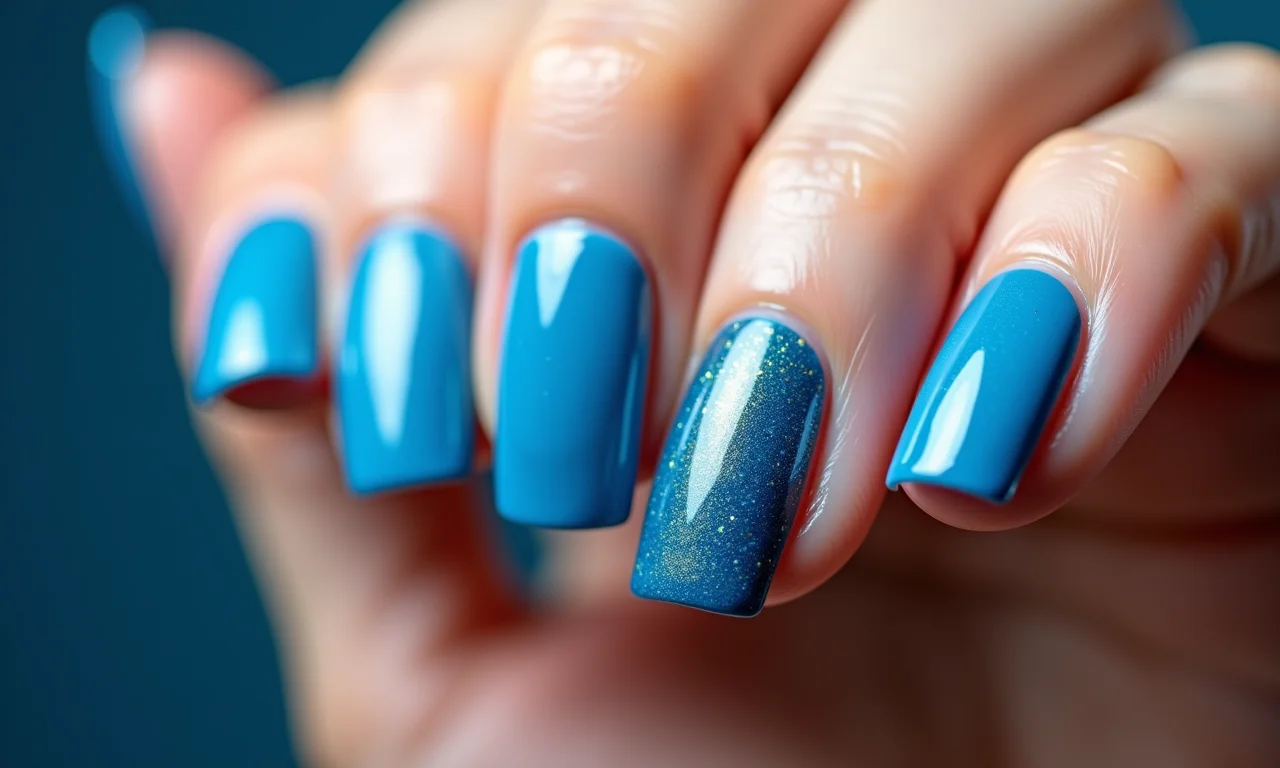 Variedade de unhas decoradas em tons de azul, do claro ao escuro.