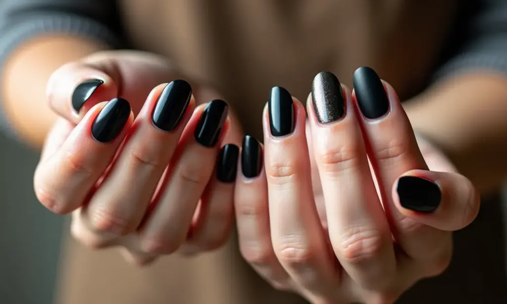 Variedade de unhas decoradas pretas em diferentes tons de pele.