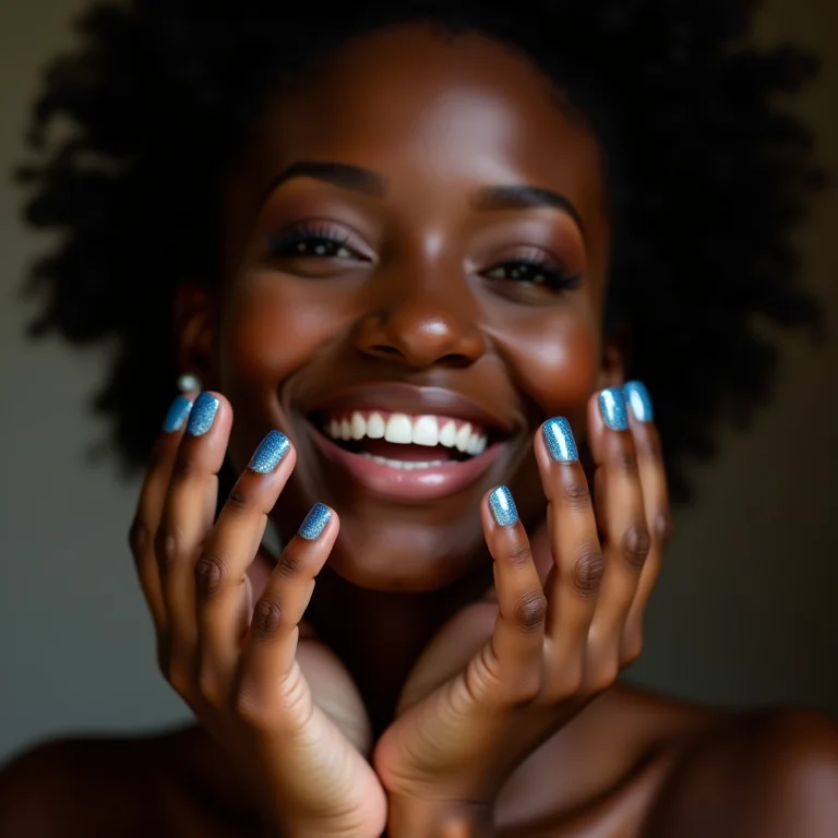 Visual impactante de unhas de gel com glitter azul