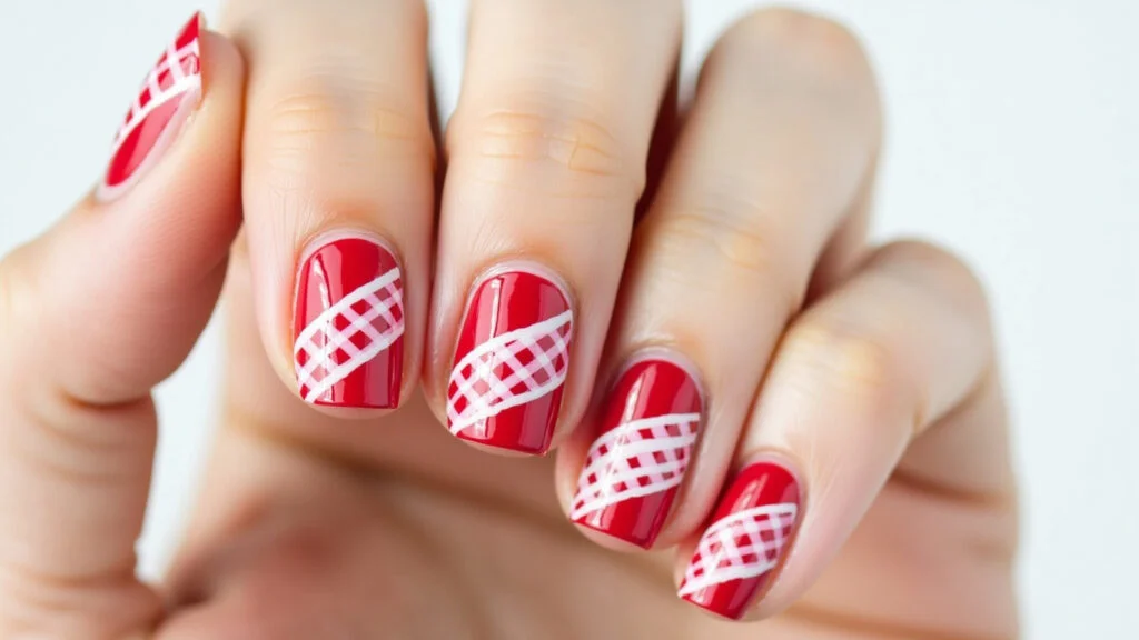 Glamour Dourado: Unhas Vermelhas Xadrez com Toques de Luxo - detalhe