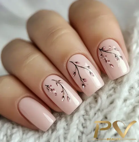 A Elegância Floral: Unhas Nude Rosê com Desenhos de Flores - inspiração