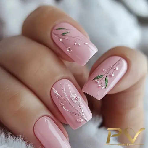 A Elegância Floral: Unhas Nude Rosê com Desenhos de Flores - ideia