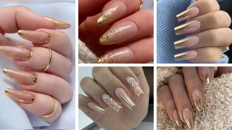 Unhas Ombré com Folhas de Ouro: Toque Artístico e Glamouroso - detalhe