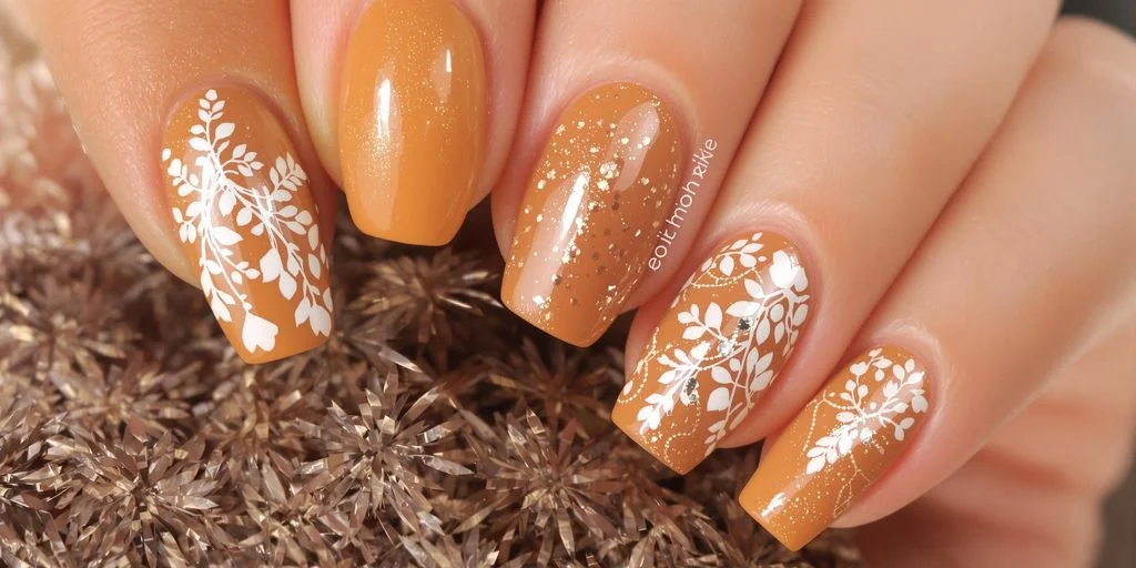 Glitter Cobre com Esmalte Caramelo: Combinação Quente e Aconchegante - detalhe