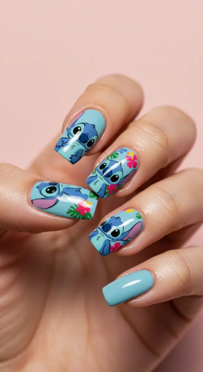 Aquarela Azul: Unhas que Parecem Pintadas à Mão com a Magia do Stitch - ideia