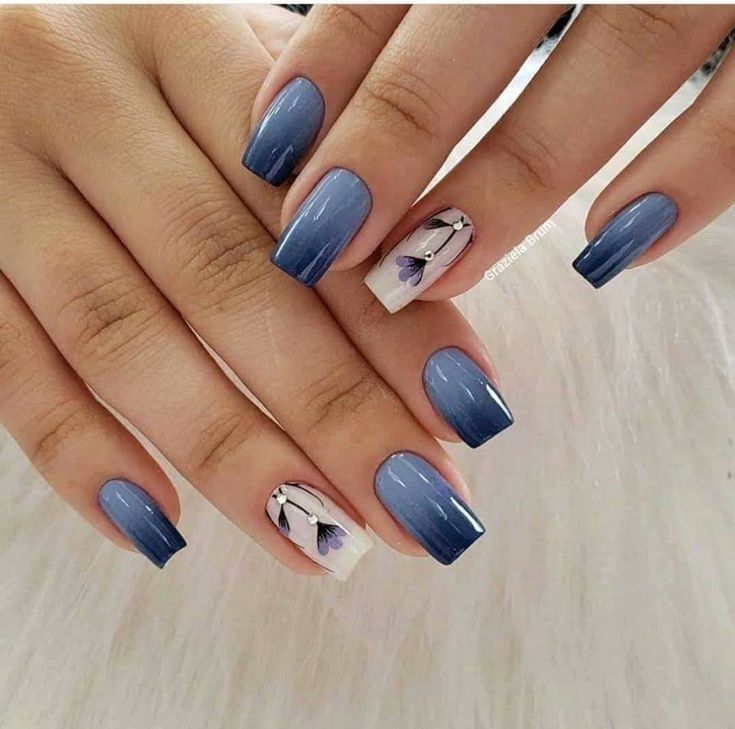 Azul com flores Lavanda #unhasdegrade