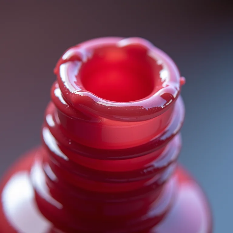 Acúmulo de resíduos de esmalte na borda do frasco.