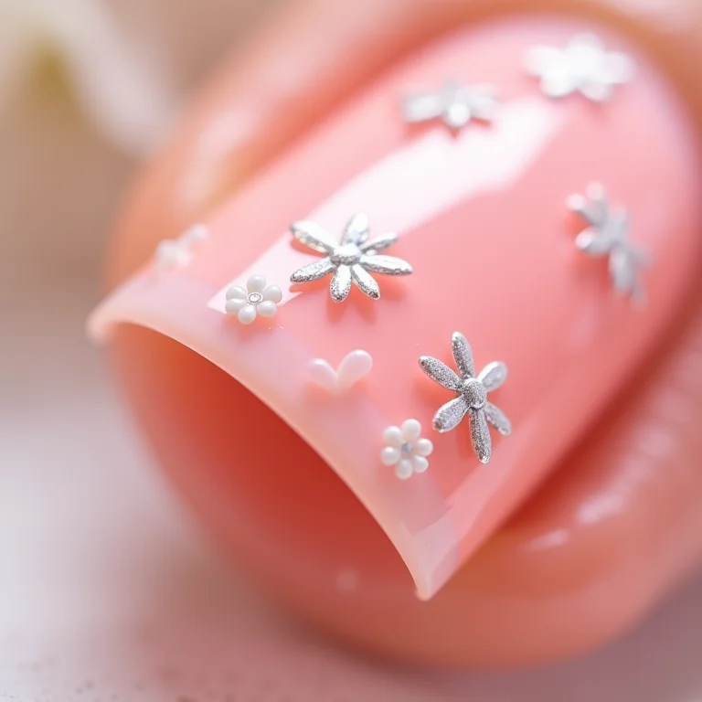 Adesivos delicados em unhas de gel clarinhas