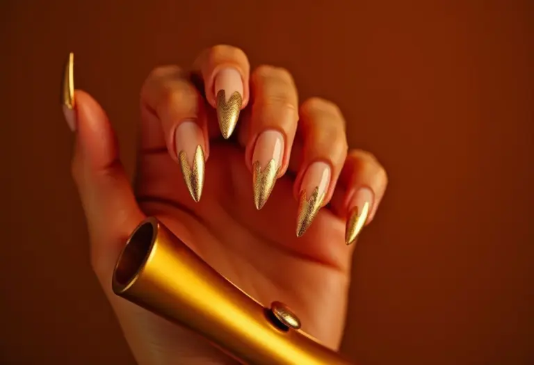 Alongamento de unhas decoradas com folha de ouro