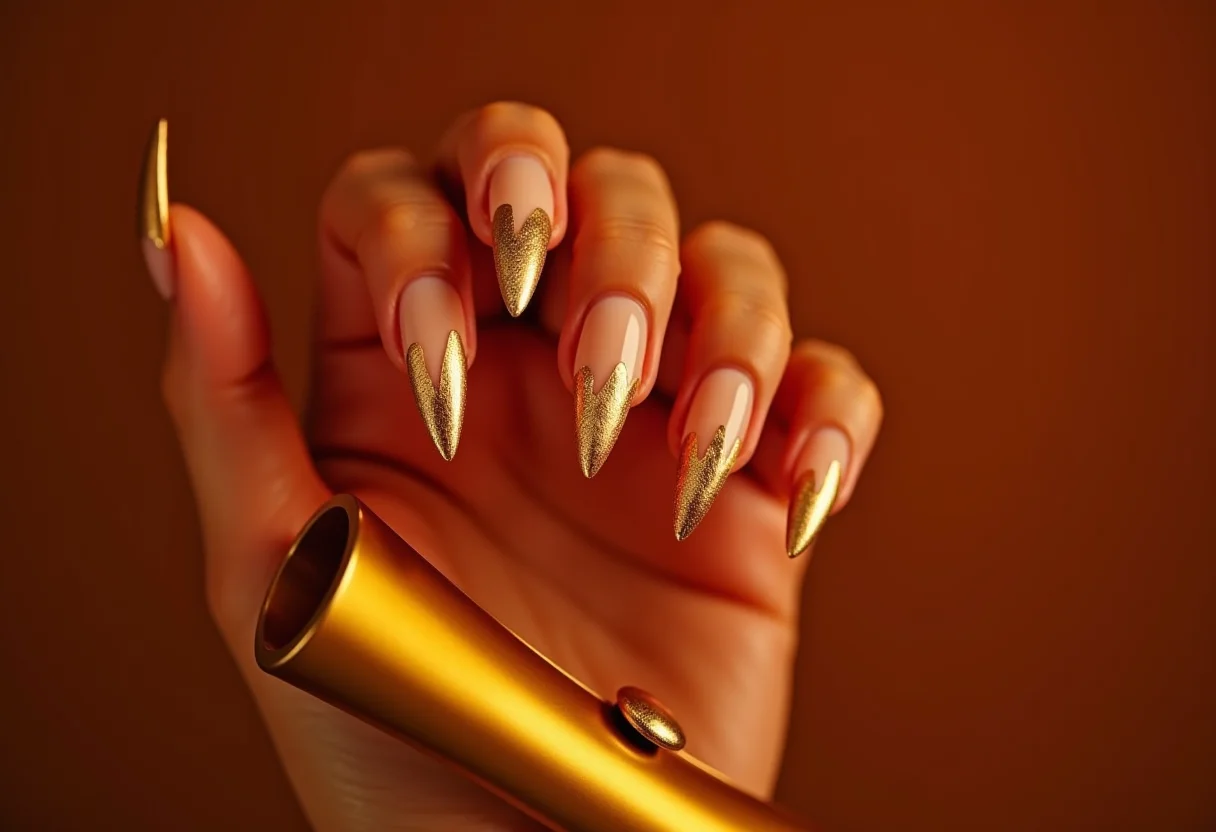 Alongamento de unhas decoradas com folha de ouro