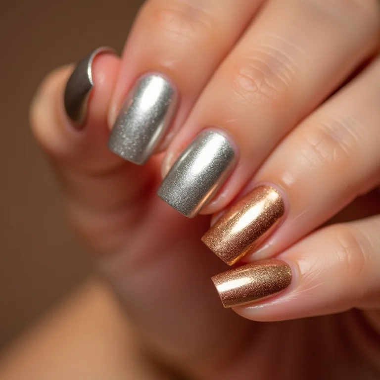 Amostras de esmaltes metalizados em prata, dourado e bronze