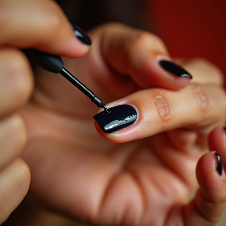 Aplicação de esmalte preto em unhas bem cuidadas