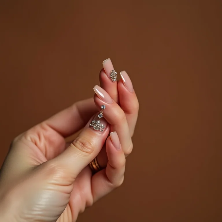 Aplicação de pedraria discreta em unha nude