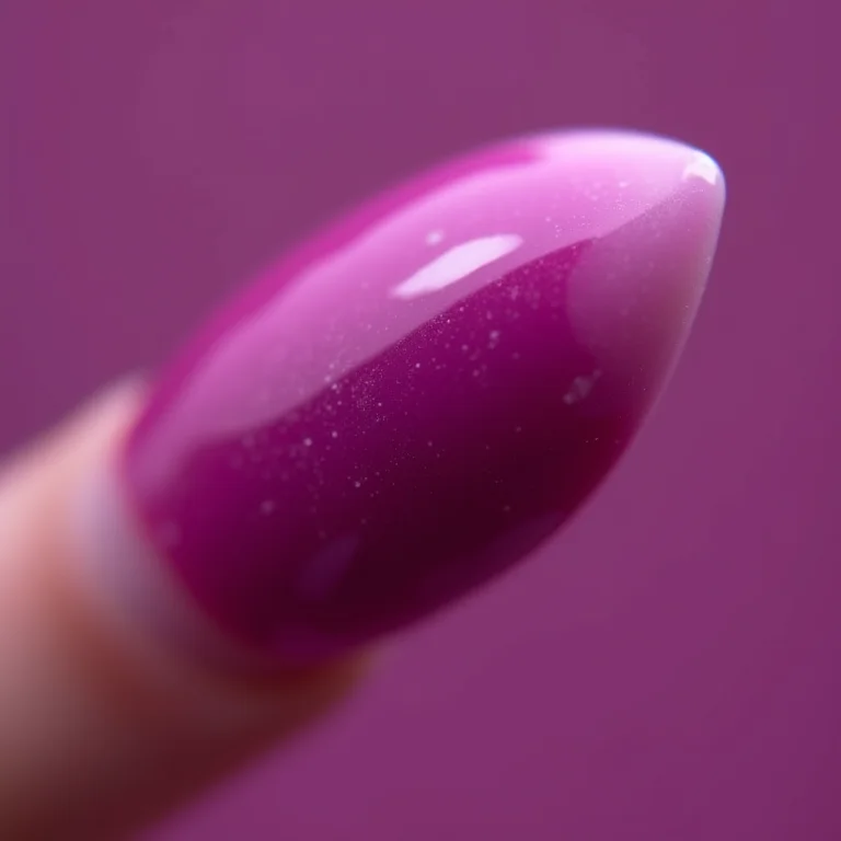 Aplicação de top coat em unhas roxas.