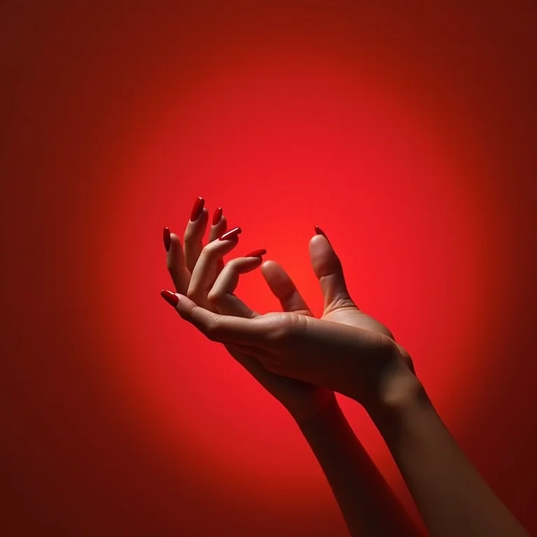 Aplicação de top coat em unhas vermelhas.