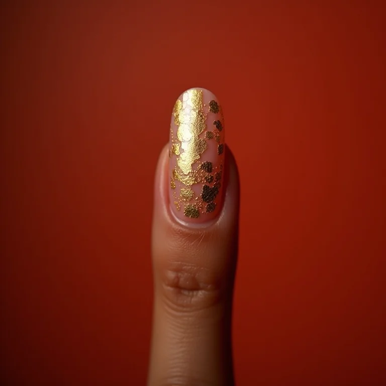 Aplicação delicada de folha de ouro nas unhas